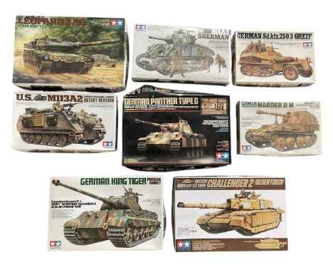 TAMIYA; eight 1:35 model tank kits, including 'Sd.Kfz.250/3 Greif', 'M4A3 Sherman', 'German King Tiger Porsche Turret', 'Brit