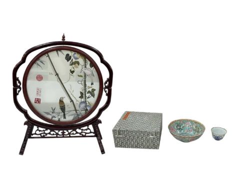 A modern Chinese silk embroided carved hardwood framed circular revolving table screen, height 53cm, a 19th century Japanese 