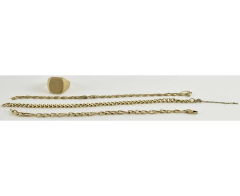Three 9ct yellow gold bracelets (all cut), all length approx 18cm, and a 9ct yellow gold signet ring (cut), combined approx 2
