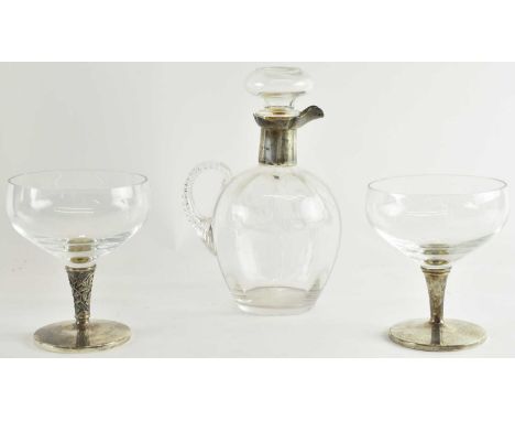 A late Victorian hallmarked silver mounted whisky decanter, Chester 1898, height 22.5cm, and a associated pair of modern hall