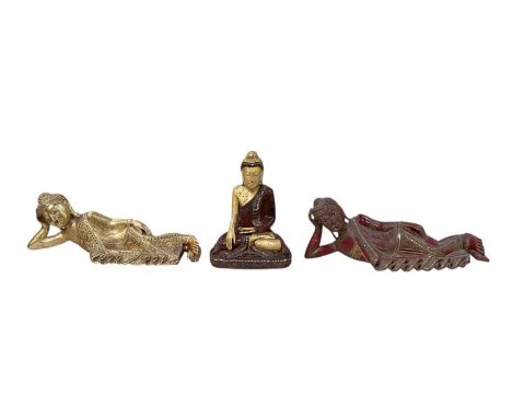Three modern Thai gilt wood and jewelled figures of Buddha, including two reclining Buddhas, both length 53cm, and seated Bud