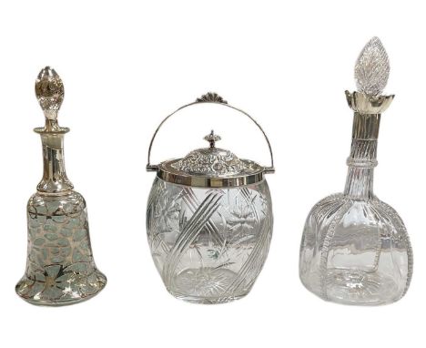A cut glass biscuit barrel, with hallmarked silver rim, lid and handle, height including handle 23cm, diameter approx 13cm, a