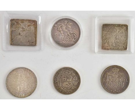 A Victoria 1896 encapsulated crown, 1901 Carol I Romanian five lei coin, 1780 Austria Maria Theresa thaler, 1894 silver one s