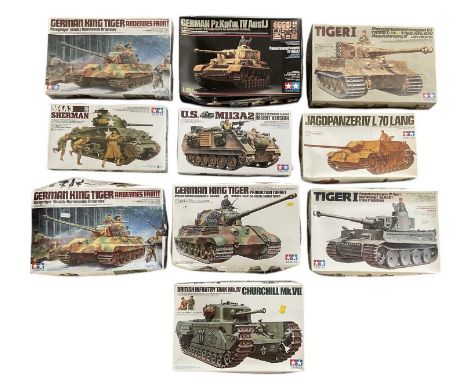 TAMIYA; ten 1:35 scale model tank kits, including 'German King Tiger', 'Tiger I, Panzerkampfwagen VI Tiger I Ausführung E, Sd