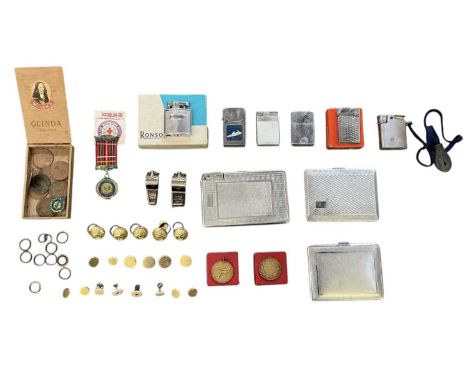 A group of collectables including silver plated cigarette cases, naval style buttons, various lighters including Ronson, two 