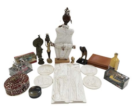 A quantity of assorted collectors' items, including a pair of plaster Art Nouveau style relief decorated rectangular wall han
