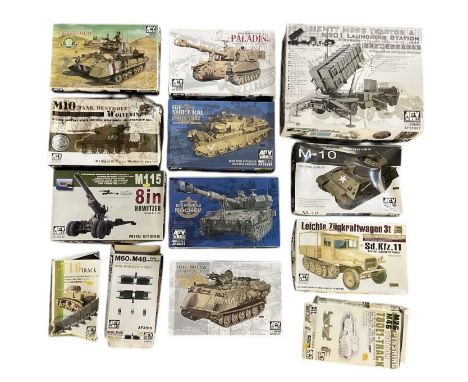 AFV CLUB; thirteen 1:35 scale model tank and army vehicle kits, including 'IDF M10982, Rochev', 'Leichte Zügkraftwagen 3T, SD