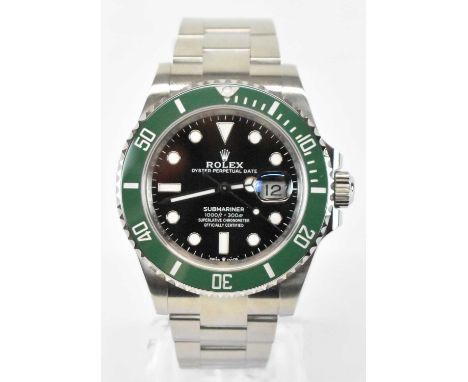 ROLEX; a stainless steel Submariner wristwatch, with 'Kermit' bezel, the black dial set with luminescent hour markers and dat