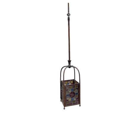 A late 19th/early 20th century large hallway ceiling lantern, with four leaded stained glass panels, in need of some restorat
