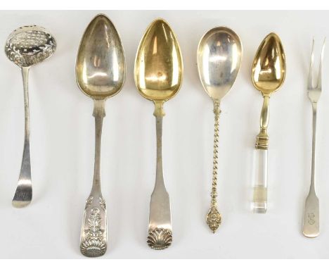 CRISPIN FULLER; a George III hallmarked silver straining ladle, London 1798, length 17cm, a Russian 84 grade silver tablespoo