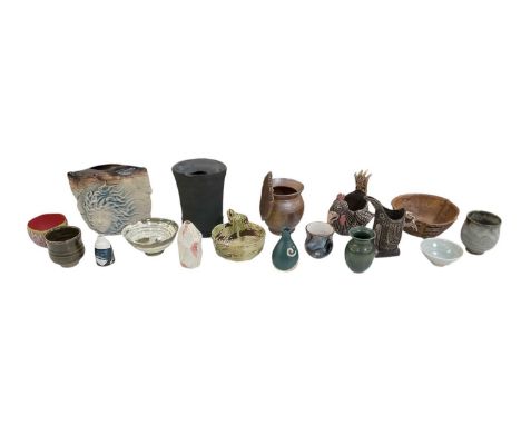† A collection of seventeen pieces of studio ceramics, including an Andreas Müller vase, diameter 7cm, an Andrew Richards bow