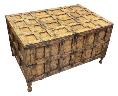 A late 19th/early 20th century Anglo-Portuguese/Spanish style metal bound trunk/stick box, width 100cm, depth 66cm, height 56