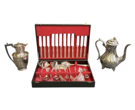 THE SILVER GALLERY; a fifty piece cased silver plated cutlery set, with two silver plated coffee pots, height of largest 25cm