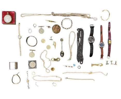 A group of various modern, vintage and antique costume jewellery, including a silver watch pendant on a hallmarked silver cha