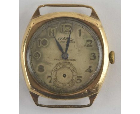 ROTARY; a 9ct yellow gold gentleman's 'Super-Sports Shock Absorber' wristwatch head, diameter of dial 2.5cm excluding winding