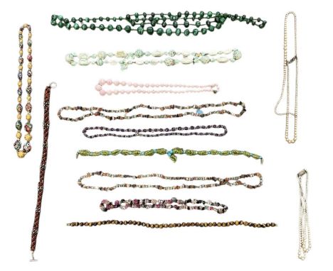 A quantity of modern, vintage and antique style necklaces including malachite, Italian millefiori beads, amethyst and clear b