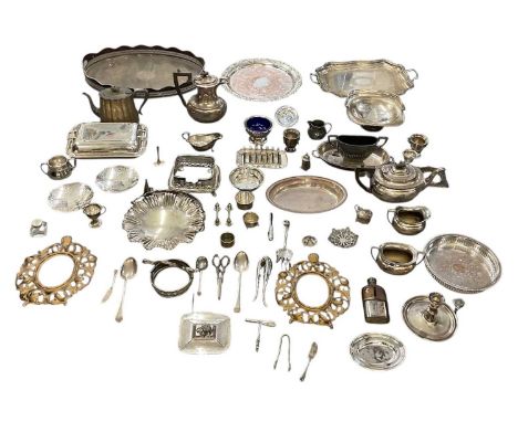 A large quantity of silver plated items including a four piece silver plated tea and coffee service, teapot, twin handled sug