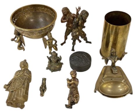 A Japanese Meiji period bronze of two cavorting figures, height 12.5cm, a brass shell case with Oriental decoration of a drag