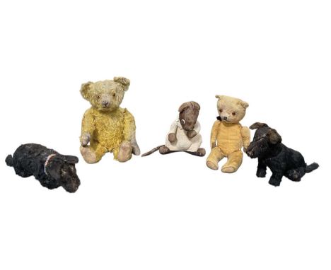 Five early 20th century and later plush stuffed toys, comprising a teddy bear with articulated head, arms and tail, height wh