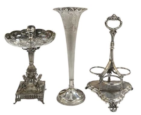 A large Edwardian blown trumpet shaped vase, with acid etched floral and vertical fluted decoration, on a weighted silver pla