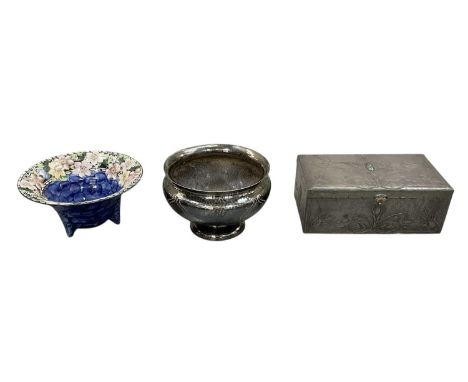 An Art Nouveau inspired pewter clad wooden trinket box, the external metalwork with central turquoise stone within a scrollin