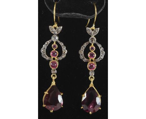 A pair of 925 hallmarked silver gilt rhodolite garnet, purple sapphire and diamond set drop tassel earrings, set with approx 