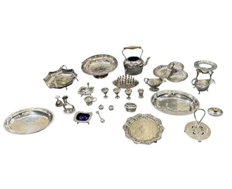 A quantity of silver plate including a small spirit kettle, with wooden handle and bone knop, on stand with burner, egg cup s