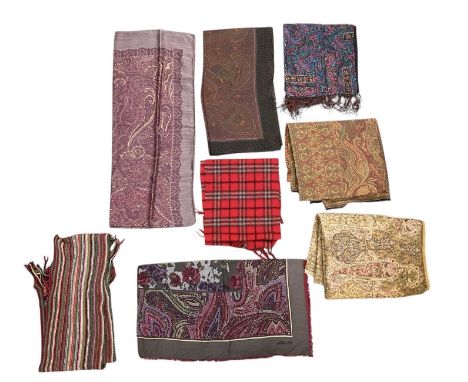 BURBERRY; a cashmere tartan red ground scarf, 135 x 30cm, with a Rowlands multicoloured wool woven scarf, 180 x 23cm, a large