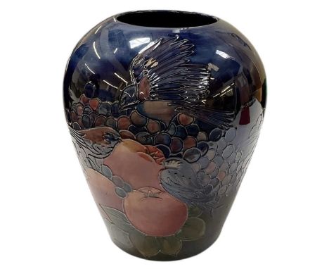 SALLY TUFFIN FOR MOORCROFT; a large vase, decorated in the 'Blue Finches' pattern, height approx 30cm.
