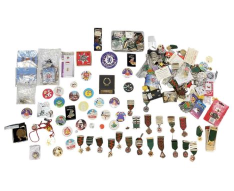 A collection of assorted badges, medallions, buttons, pins etc, including driving medals, McDonald's badges, hallmarked silve