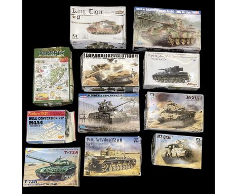 Eleven 1:35 scale tank model kits including Hobby Boss German Sd.Kfz.171 Panther Ausf.G - Early Version, Takom King Tiger, Ta