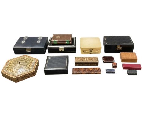 A collection of fifteen assorted jewellery boxes, including a hexagonal Iranian inlaid jewellery box, diameter approx 30cm, t