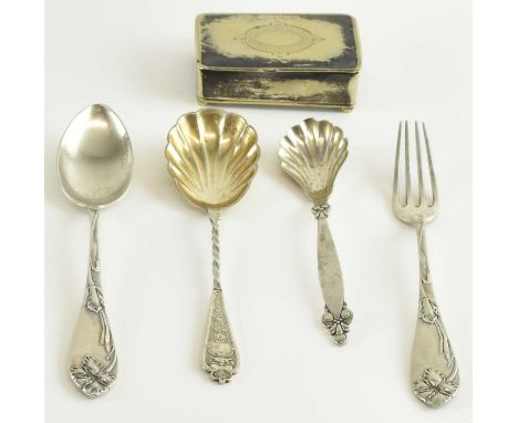 An 800 grade German silver fork, with matching spoon, both with floral decoration to the handles, both length approx 18cm, a 