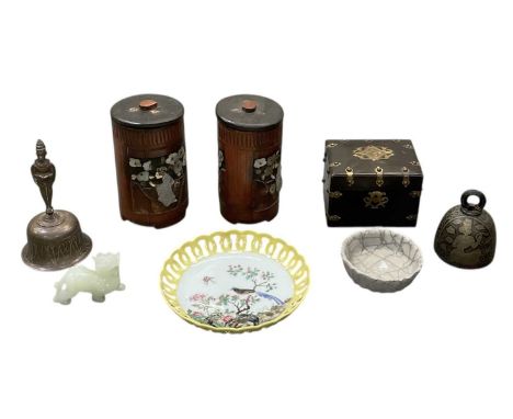 A pair of Japanese bamboo and mother of pearl circular lidded jars, both height 19cm, a green hardstone modelled as a dragon,