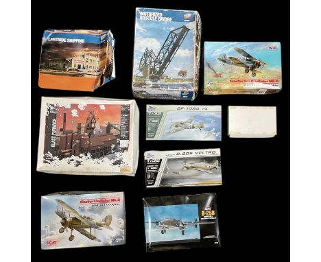 Four 1:32 scale plane model kits including ICM Gloster Gladiator Mk II, ICM Gloster Sea Gladiator Mk.II, 21st Century Toys BF