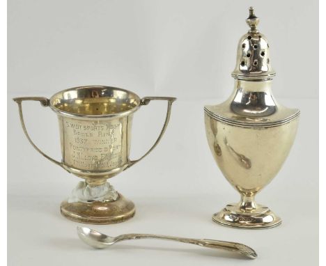 JAMES DIXON &amp; SONS LTD; an Edward VII hallmarked silver pepperette, Sheffield 1909, height 10cm, a George VI hallmarked s