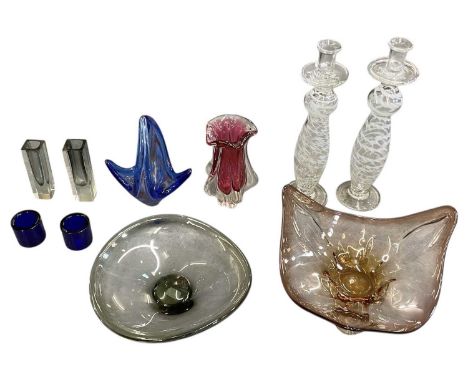 Ten pieces of assorted 1950s and later art glass, including smoky Swedish Holmegaard, diameter 30cm, further peach art glass 