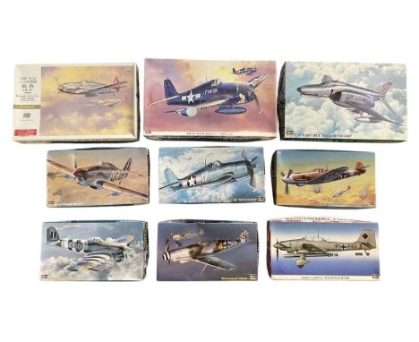 HASEGAWA; seven 1:48 scale model fighter plane kits, including 'Hurricane Mk. IID', 'Messerschmitt Bf109f-4 Trop North Africa