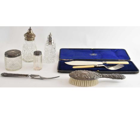 PREECE &amp; WILLICOMBE; a modern hallmarked silver topped cut glass sugar caster, London 1970, height 15cm, also a further h