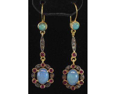 A pair of 925 hallmarked silver gilt opal, ruby and diamond set drop tassel earrings, with eighteen rose cut diamonds totalli