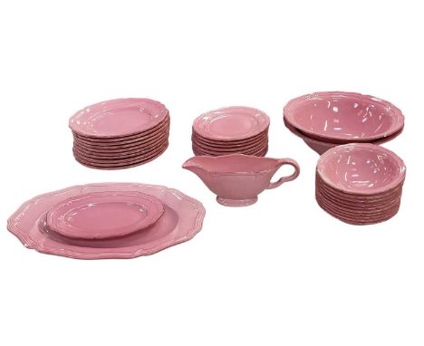 LE POET-LAVAL FOR THOMAS GOODE; a part ten setting pink glazed dinner service, comprising ten side plates, ten dinner plates,