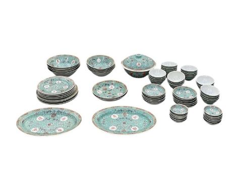 A modern Chinese turquoise ground part setting dinner service, including sixteen tea bowls, diameter 11.5cm, four larger bowl
