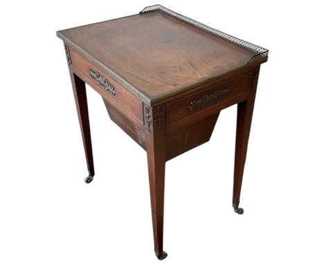 A late 19th century French mahogany brass bound and bronze mounted sewing table, on tapering supports, top 61.5 x 46cm, heigh