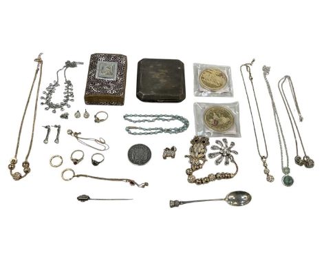 A mixed group of costume jewellery and collectables including necklaces, owl brooch, bracelet, pendant, rings, two gold plate
