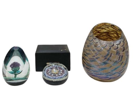 † PETER LAYTON; a modern contemporary art glass vase, height 17cm, signed to base, a Perthshire boxed paperweight and a Caith
