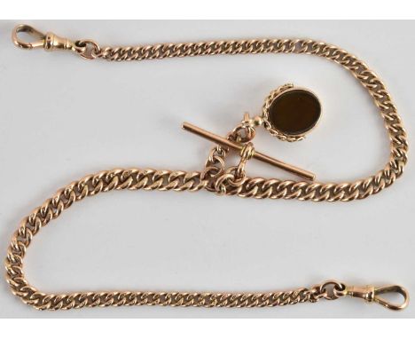 A 19th century 9ct rose gold watch chain, with two swivel clasps, T-bar and swivel fob seal, each link marked '9ct' and also 