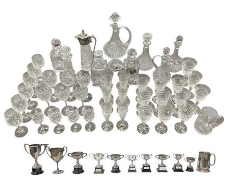 A collection of ten assorted silver plated sporting trophies, height of tallest 21cm, a silver plated tankard, inscribed 'Pre