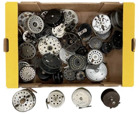 A collection of approximately forty assorted vintage fishing reels, including Intrepid, bakelite examples, K. P. Morritts New