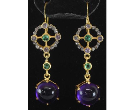 A pair of 925 hallmarked silver gilt cabochon amethyst, diamond, purple sapphire and chrome tourmaline drop earrings, with tw