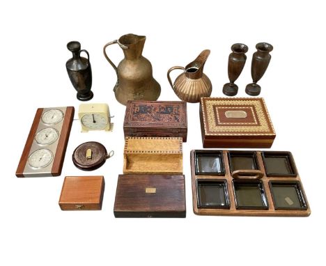 A quantity of collectors' items including two copper jugs, height of largest 27cm, three turned wooden vases, a battery power